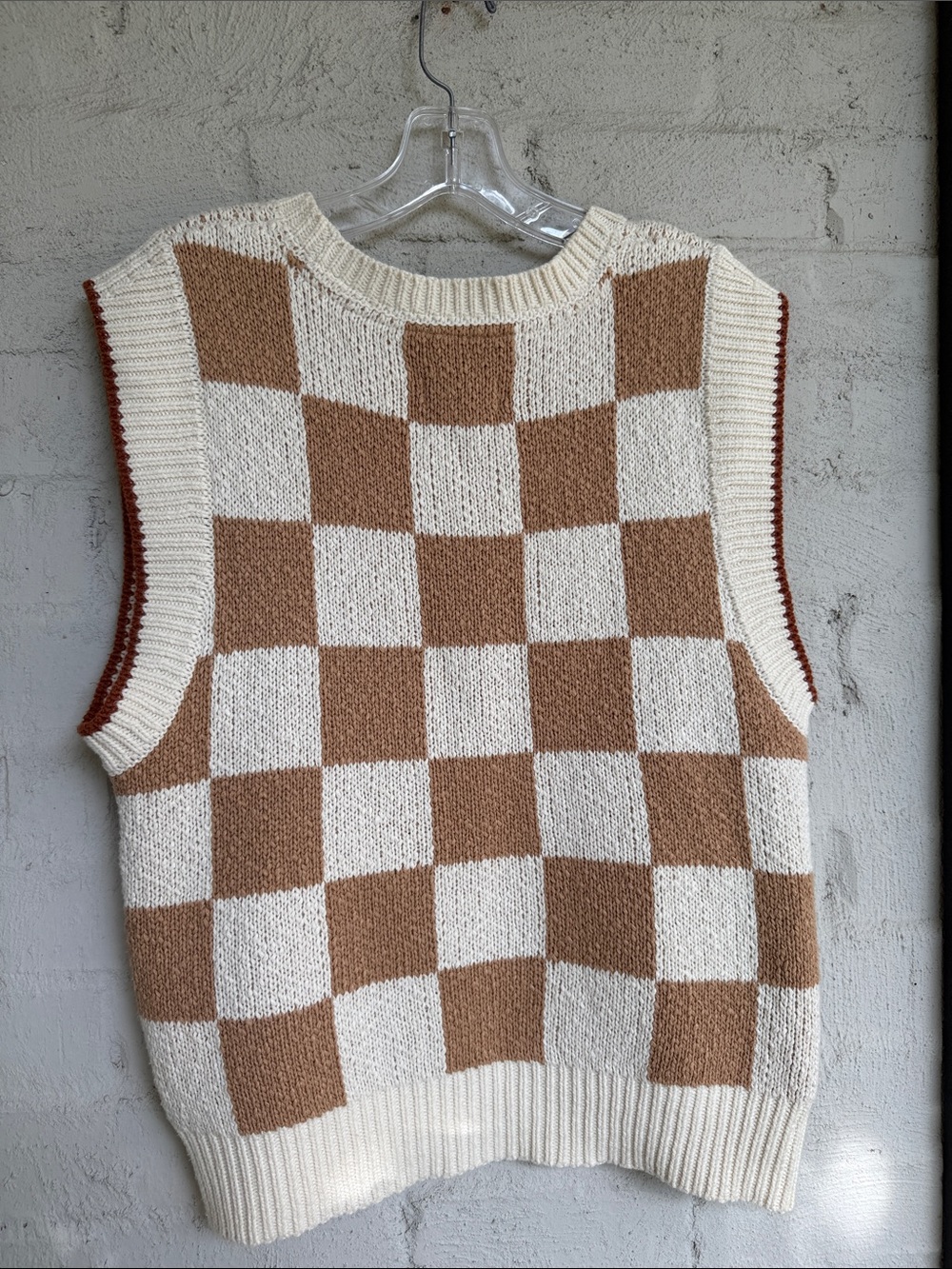 Anthropologie Maeve Checkerboard Knit Sweater Vest in Cream/Tan Size XS - Picture 13 of 13